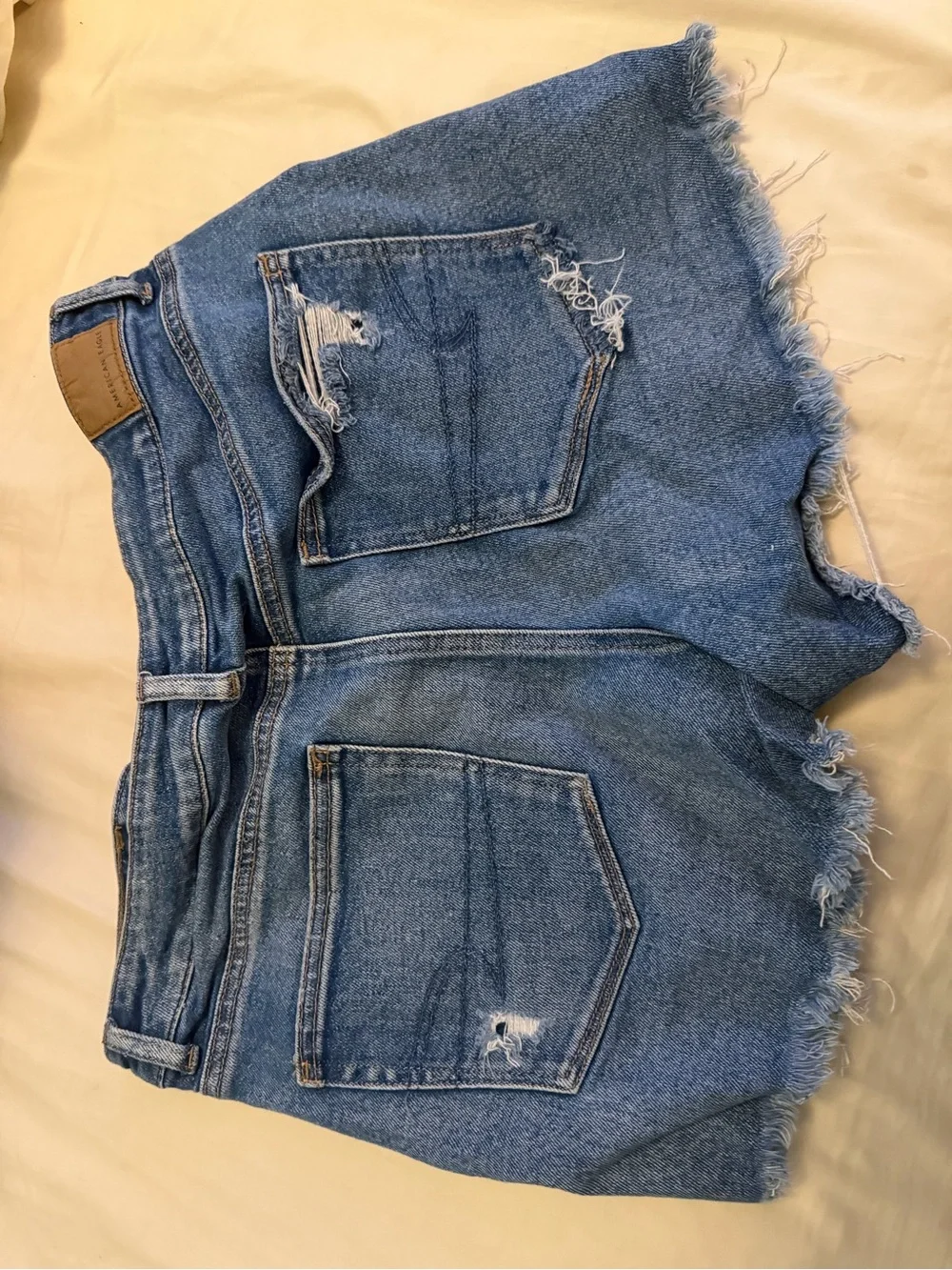 Distressed High-Waist Denim Shorts - Blue